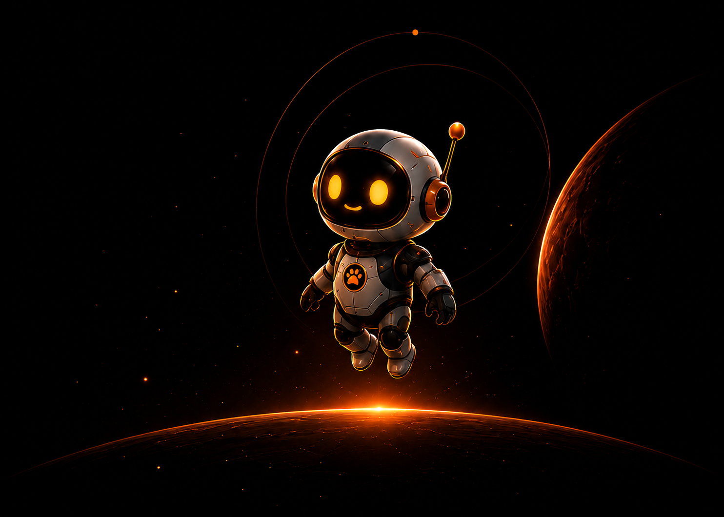 Space AI Pets astronaut companion floating above an orange-lit planet