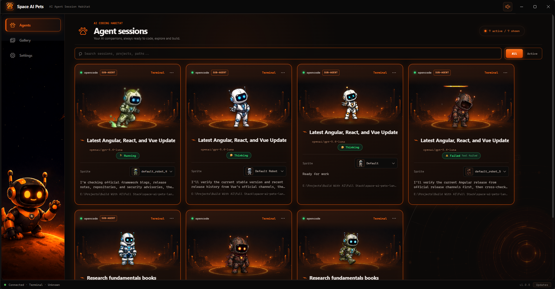 Space AI Pets Agents view showing multiple active coding-agent sessions and pet statuses