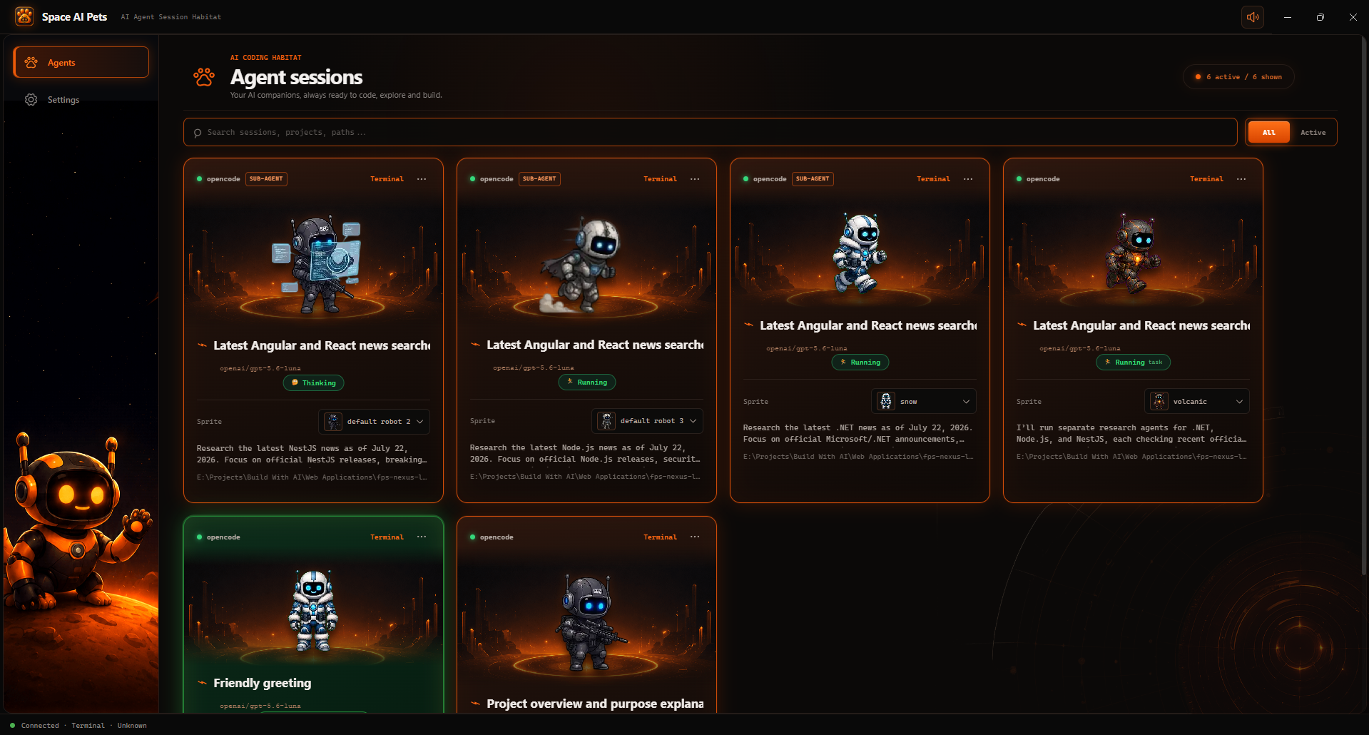 Space AI Pets Agents view showing multiple active coding-agent sessions and pet statuses